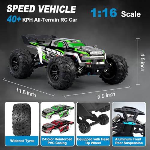 1:16 Scale High-Speed 4WD RC Car, 25 MPH Off-Road Remote Control Truck for Adults & Teens - All Terrain Electric Vehicle with 2 Rechargeable Batteries & 2.4GHz Radio - Gift Idea for Boys and Men