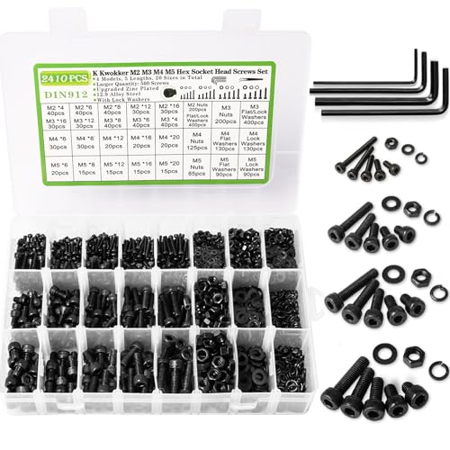 M2 M3 M4 M5 Hex Socket Bolt & Nut Assortment Kit, 2410Pcs | 12.9 Alloy Steel, Zinc Plated Anti-rust; 20 Sizes Metric Screws with Lock Washers; For 3D Printing DIY Machinery Repair - size: K. M2 M3 M4 M5