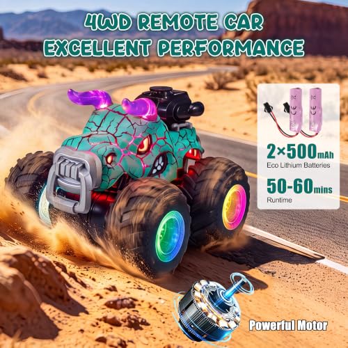 Remote Control Monster Truck Toys - 1000mAh Battery RC Stunt Car | 2.4GHz Remote Control, Flat & Upright 360° Spins, Trucks for Kids Ages 4-12, Birthday & Holiday Gifts for Boys & Girls - color: Green