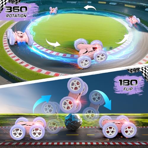 cosone Pink Purple RC Stunt Car for Kids | 360° Rotating Tricks, Double-Sided Driving, LED Lights, USB-C Rechargeable Battery, One-Click Demo - color: Purple&pink Pro