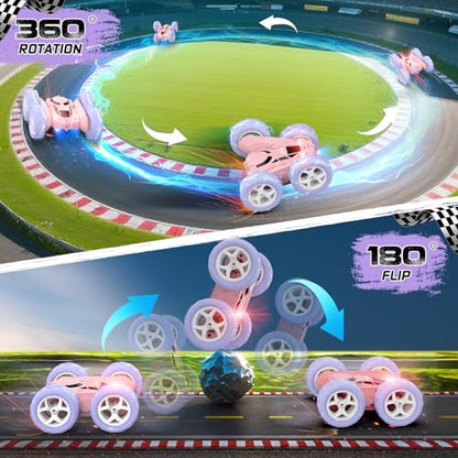 cosone Pink Purple RC Stunt Car for Kids | 360° Rotating Tricks, Double-Sided Driving, LED Lights, USB-C Rechargeable Battery, One-Click Demo - color: Purple&pink Pro