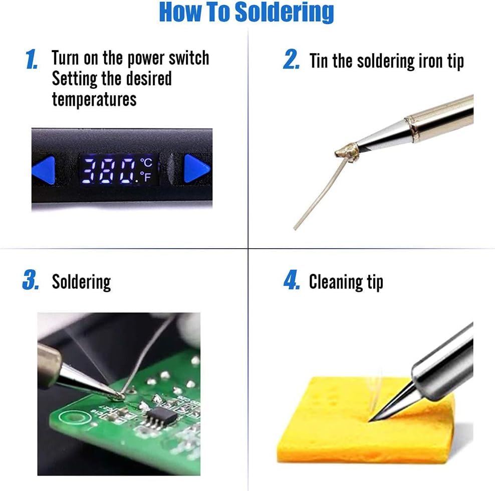 110W Electronics Soldering Iron Kit - LCD Digital Soldering Iron | Adjustable Temperature, Wire & Cutter, Stand, Soldering Iron Tips, Desoldering Pump, Solder, Tweezers, Soldering Flux Paste - color: Blue