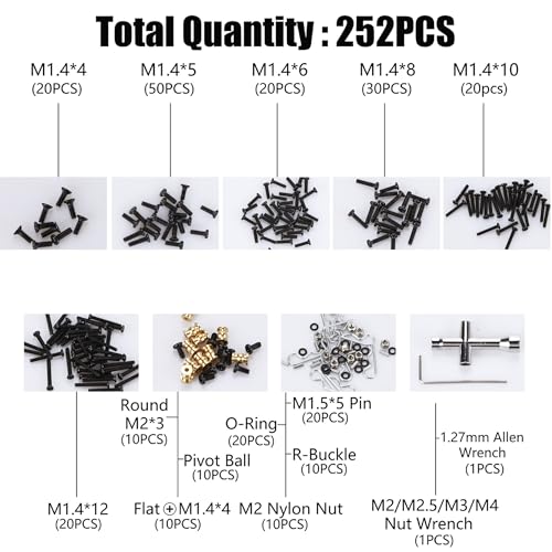 252PCS Stainless Steel M1.4 Assorted Screw, Pin and Nut Kit with Tool for 1/24 RC Crawler Car, Compatible for Axial SCX24