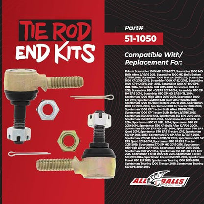 All Balls Racing Tie Rod End Kit for Polaris Sportsman 550 EPS 2009-2020 | OEM replacement, fits Sportsman Touring 570 SP, 570 engines, for atv, 2 Tie Rod Ends Includes, 51-1050