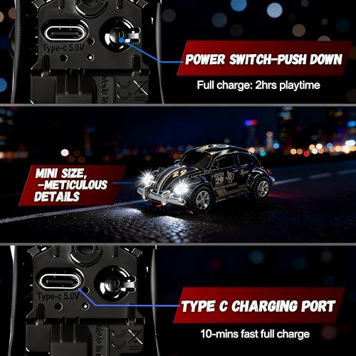 Mini RC Car, Alloy 1/64 RC Car [LED Lights] [3 Speeds Modes] [Rechargeable Battery] Retro Beetle with Remote Control, Black - color: Black