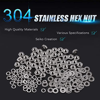 Swpeet 150Pcs SAE 304 Stainless Steel #4-40" Hex Nuts and M3 Flat Washers with #4 Split Lock Washers Assortment Kit, Coarse Thread Hexagon Nut for Home Automotive Shop Use - size: #4-40 Hex Nuts & Washers