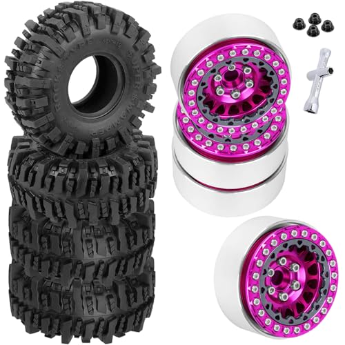 RC 1.9 Beadlock Wheels and Tires for 1/10 TRX4 TRX6 SCX10 SCX10 II 90046 SCX10 III AXI03007 SCX10 Pro Gen7/8 D90 VS4-10 MST CFX RC Crawler Car,4PCS Beadlock Rims 1.9 Wheel Tires,Pink - color: Pink - (1.9 Beadlock Wheels)