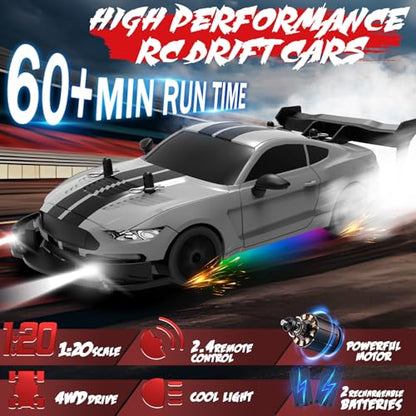 RC Drift Car 1:20 Scale Remote Control Cars 2.4GHz 4WD High Speed RTR Racing Vehicle with LED Lights 2 Rechargeable Batteries and Drifting Tires Racing Sport Toy Car for Adults Kids Boys Girls - color: Silver