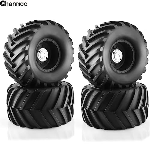 1/10 RC Monster Truck Tires and Hard Plastic Wheels Rims 12mm Hex Rubber Buggy Off Road Tyres with Foam for 1:10 Scale Truck Car Traxxas VXL 2WD Hoss 4x4 HSP HPI Tamiya Kyosho 4PCS (Black) - color: Black
