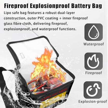 RC LiPo Battery Safe Bag, Fire-Resistant with Side Charging Port, Large Capacity Battery Guard Bag with Handle & Shoulder Strap for 2S 3S 4S 6S RC Car LiPo