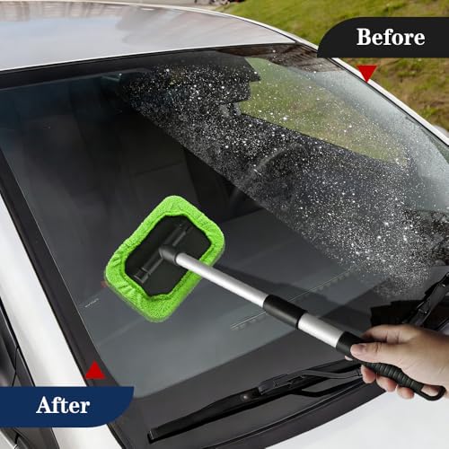 Windshield Cleaning Tool, Car Window Cleaner, Vehicle Window Cleaner with Extendable Handle & 2 Washable Microfiber Pads, Car Interior Glass Wiper Cleaning Kit for Most Vehicles (Green) - color: Green