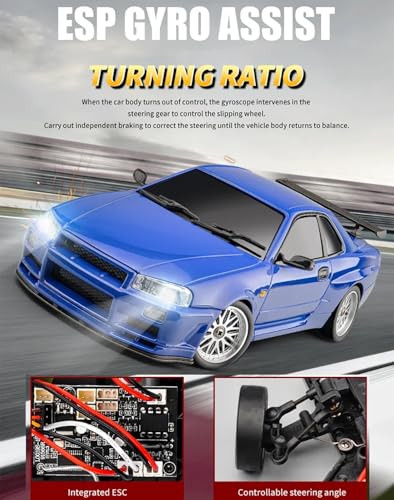 LD1899 1:18 RC Drift Car GTR R34 2.4GHz RWD with Gyroscope on-Road Alloy Body Shell Racing Cars Radio Control (Blue)