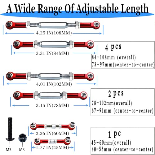 RC Suspension Links Compatible with Traxxas Slash Rustler Stampede Hoss 1/10 Scale, Adjustable Turnbuckle Links Set with Spacers & Wrench, 7PCS Upgrade Steering Links for RC Trucks,Red - color: Stainless Steel & Red
