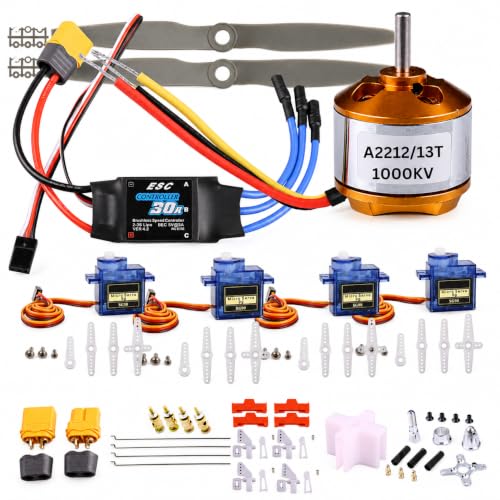 DIY RC Airplane Kit A2212 KV1000 Motor, 30A ESC, 4 Servos, 2 Propellers | Complete kit includes 4 SG90 servos, XT60 connector, motor mount, Z-bend linkages, and all required linkage hardware. - size: (Complete) KV1000