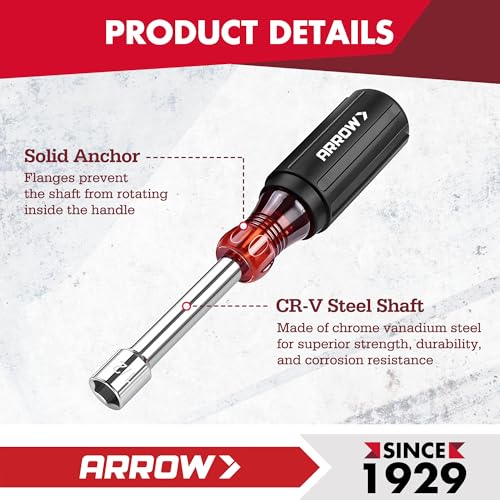 ARROW 7 PCS SAE Nut Driver Set with 1-Inch Hollow Shaft | Non-Slip Grip, Cr-V Steel, Hex Sizes 3/16, 1/4, 5/16, 11/32, 3/8, 7/16, 1/2-Inch, Easy for Tightening and Unscrewing