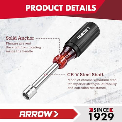 ARROW 7 PCS SAE Nut Driver Set with 1-Inch Hollow Shaft | Non-Slip Grip, Cr-V Steel, Hex Sizes 3/16, 1/4, 5/16, 11/32, 3/8, 7/16, 1/2-Inch, Easy for Tightening and Unscrewing