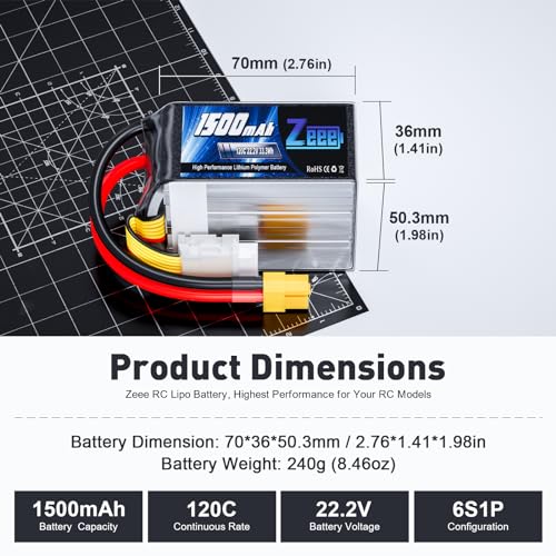 Zeee 6S 1500mAh Lipo Battery 22.2V 120C with XT60 Plug (2 Pack) | RC Battery for FPV Drone Quadcopter Helicopter Airplane RC Boat Car Racing Models