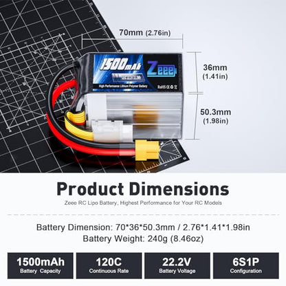 Zeee 6S 1500mAh Lipo Battery 22.2V 120C with XT60 Plug (2 Pack) | RC Battery for FPV Drone Quadcopter Helicopter Airplane RC Boat Car Racing Models