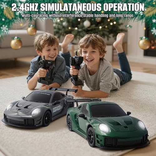RC Drift Car, 1:24 4WD Remote Control Cars Vehicle with LED Light,2.4GHz 20KM/H High Speed RC Cars with Two Batteries & Drifting Tires Racing Sport Toy for Adults Boys Girls Kids - color: Green