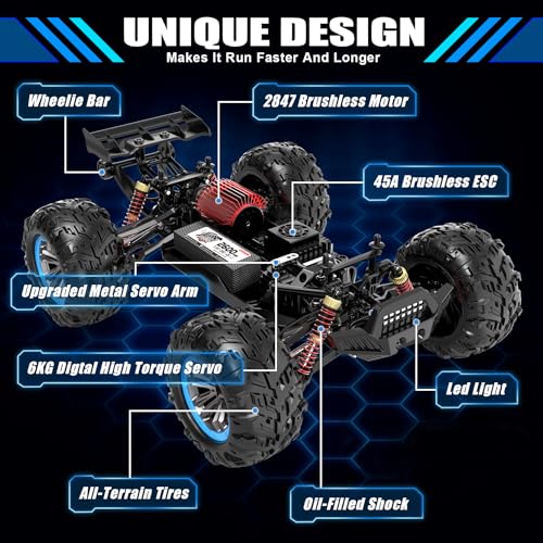 Hosim Brushless RC Cars, 1:10 68+ KMH High Speed Remote Control Car for Adults Boys, 4X4 All Terrains Waterproof Off Road Hobby Grade Large Fast Racing Buggy Toy Gift Monster Trucks - color: Blue+red