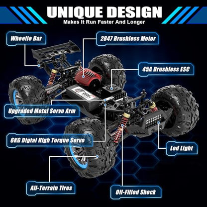 Hosim Brushless RC Cars, 1:10 68+ KMH High Speed Remote Control Car for Adults Boys, 4X4 All Terrains Waterproof Off Road Hobby Grade Large Fast Racing Buggy Toy Gift Monster Trucks - color: Blue+red
