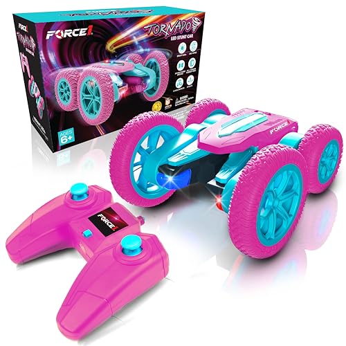 Force1 Tornado Pink LED Remote Control Car for Kids - Double Sided Driving Fast RC Cars 360 Flips, Outdoor 4WD Off Road Stunt RC Car, All Terrain Tires, RC Crawler Rechargeable Battery, 2.4GHz Remote - color: Pink Tornado