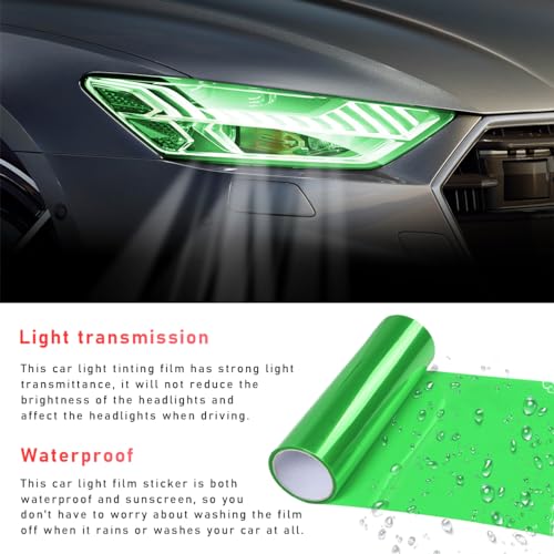 povtii Tint Vinyl Film Sticker Sheet Roll for Car Headlight, 12×48 Inch Auto Taillight Vinyl Wrap Film, Self Adhesive Fog Light Vinyl Film with Squeeze & Cutter, Car Accessories (Green) - color: Green