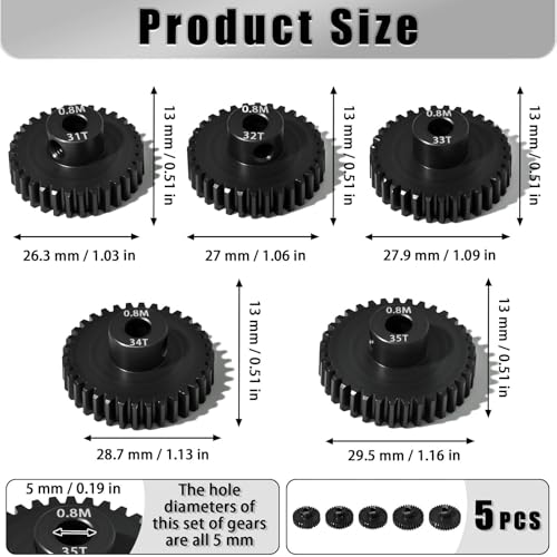 5Pcs 0.8M Hardened Steel Pinion Gear Set 5mm Shaft 31T 32T 33T 34T 35T Motor Pinion Gear with M4 Screw and Hex Key, for Arrma HPI Kyosho Losi Axial Traxxas Tamiya 1/10 RC Car and 540/550 Motors - size: 0.8M-5mm-31-35T