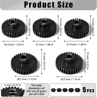 5Pcs 0.8M Hardened Steel Pinion Gear Set 5mm Shaft 31T 32T 33T 34T 35T Motor Pinion Gear with M4 Screw and Hex Key, for Arrma HPI Kyosho Losi Axial Traxxas Tamiya 1/10 RC Car and 540/550 Motors - size: 0.8M-5mm-31-35T