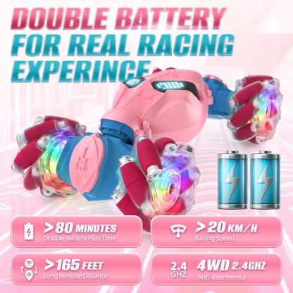 Pink Rc Gesture Sensing Stunt Car Toys for Girls 3 4 5 6 7 8 9 10 1112 Years Old, Drift Hand Control Remote Control Cars with Light & Music, 4WD 360°Rotation Double Side Cars Birthday Gifts for Kid - color: Pink