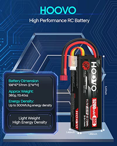 HOOVO 3S Lipo Battery 11.1V 80C 5200mAh RC Battery Hard Case with T Plug | for RC Cars RC Truck Helicopter Airplane