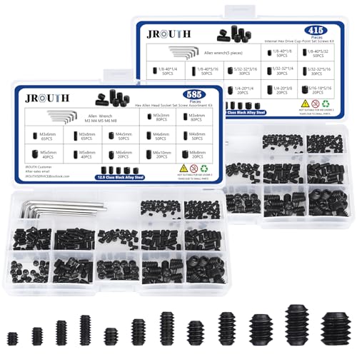 1000pcs Metric + SAE Set Screw Assortment Kit, Internal Hex Drive Cup-Point Allen Screws Set 12.9 Class Alloy Steel Grub Screw (M3-M8, 1/8"-40 to 5/16"-18) - color: Black Set Screws 1000PCS