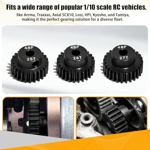 3PCS 48P Pinion Gear Set Hardened Steel 3.175mm Shaft 25T 26T 27T with Screws & Hex for 1/10 RC Arrma Traxxas HPI Kyosho Losi Axial SCX10 Tamiya Monster Truck Buggy Motor Upgrade Parts - size: 25 26 27T
