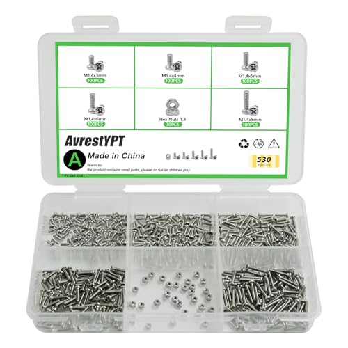 530Pcs 304 Stainless Steel Metric Micro Screws Nuts Assortment, M1.4x3/4/5/6/8mm Sizes, Phillips Pan Head, Fully Threaded Kit for Arduino, RC Models, Electronics, DIY Projects - size: M1.4x3/4/5/6/8-530Pcs