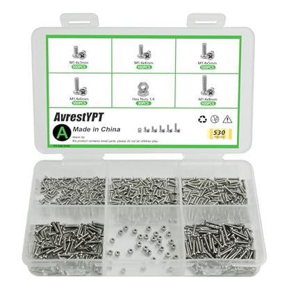 530Pcs 304 Stainless Steel Metric Micro Screws Nuts Assortment, M1.4x3/4/5/6/8mm Sizes, Phillips Pan Head, Fully Threaded Kit for Arduino, RC Models, Electronics, DIY Projects - size: M1.4x3/4/5/6/8-530Pcs