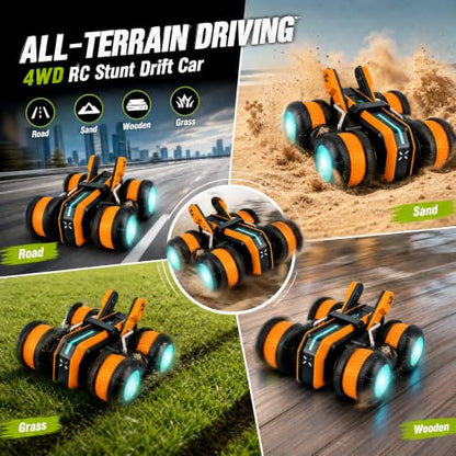 High Speed RC Stunt Car 25KM/H, 2.4GHz 4WD Remote Control Drift Car | Upright & Side Driving, One-Click Auto Stunts, Tire Flipping, 360° Rotation, Birthday Toy Gift for Kids Boys Ages 4-12 - color: Yellow