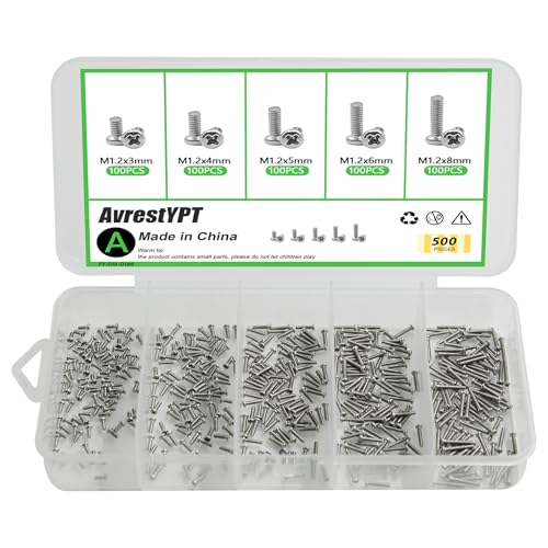 500Pcs 304 Stainless Steel Metric Micro Screws Nuts Assortment, M1.2x3/4/5/6/8mm Sizes, Phillips Pan Head, Fully Threaded Kit for Arduino, RC Models, Electronics, DIY Projects - size: M1.2x3/4/5/6/8-500Pcs