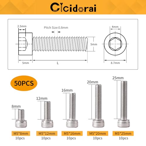 M5 x 8mm 12mm 16mm 20mm 25mm Socket Head Cap Screws Bolts, Stainless Steel 304, Metric Allen Hex Drive, Fully Threaded, Bright Finish, 50PCS - size: Hex Socket Head M5x8/12/16/20/25mm