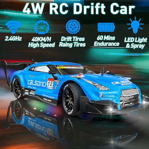 1:16 Spray RC Drift Car for Kids 4WD 2.4GHz 40KM/H High Speed Remote Control Car with LED Lights Drifting Tires & 2 Batteries, Racing Sport Toy for Boys Girls (Blue) - color: Blue