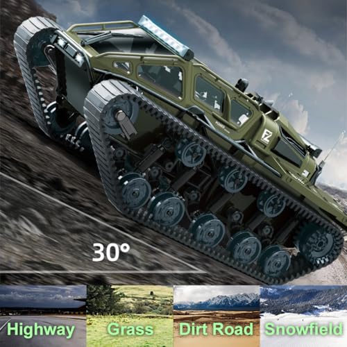 RC Tank All Terrain Army Truck for Kids - 2.4G Fully Proportional Remote Control Military Vehicle with 2 Batteries, Rock Crawler 4WD 360°Rotating Drifting Car with Cool Lights, Great Gift for Boys
