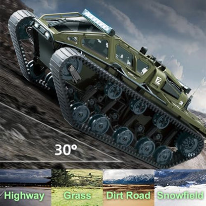 RC Tank All Terrain Army Truck for Kids - 2.4G Fully Proportional Remote Control Military Vehicle with 2 Batteries, Rock Crawler 4WD 360°Rotating Drifting Car with Cool Lights, Great Gift for Boys