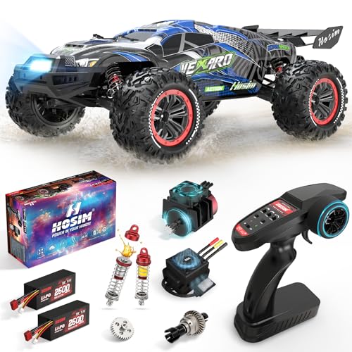 Hosim Mini 1:8 45+ MPH Fast Brushless RC Cars for Adults with 3S Battery | All Terrain Adult RC Trucks, 3650 Brushless Motor (2800KV) 60A ESC, Central Transmission, Two 3S 11.1V 2600mAh Lipo
