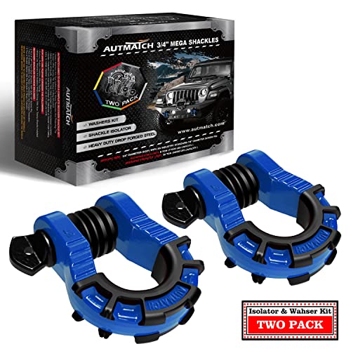 AUTMATCH 3/4" Mega D Ring Shackles (2-Pack) - 68,000 lbs Break Strength | Heavy Duty Clevis Shackle with 7/8" Pin & Isolator Washer Kit for Tow Strap, Winch, Towing & Off-Road Vehicle Recovery, Blue - color: Blue & Black