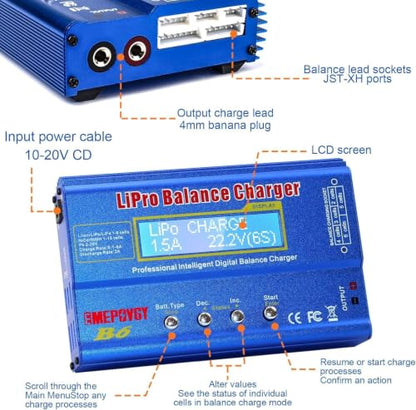 B6 Battery Balance Charger 80W Mini Lipo Charger Discharger for NiMH/NiCd (1-15S) LiPo/Li-ion/Life Battery (1-6S) RC Hobby Batteries Balance Charger with AC Power Supply