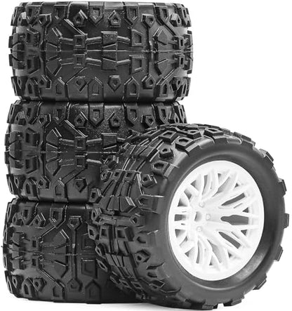 Pre-Glued 1/16 & 1/18 RC Monster Truck Rubber Tire & Nylon Wheel - 12mm Hex | Rubber Tires with Foam Fits for ARRMA 1/18 Granite/Typhon Grom, WLtoys A949, MJX Hyper Go H16 (4PCS, White) - color: White