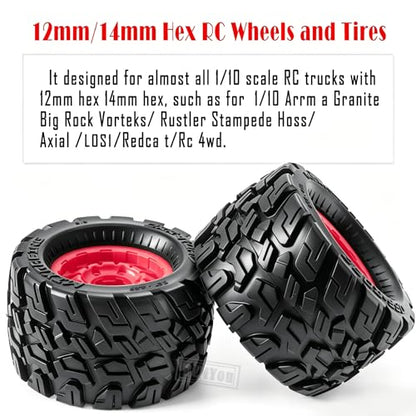 RC Truck Tires Wheel 12mm/14mm Hex for 1/10 Big Rock Granite Vortek/Stampede Rustler Hoss/Axia1/L0s1/Redca t/Rc 4wd,4-Pack RC Wheels Tires,Red - color: Red for 1/10 Arrma