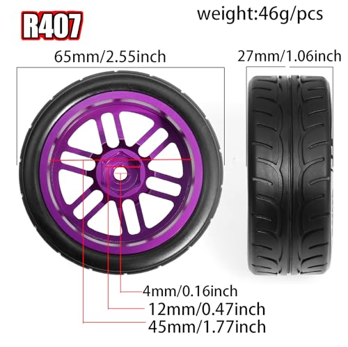 1/10 On Road Tires and Aluminum Wheels 12mm Hex RC Rally Racing Tyres OD 2.56" for Tamiya TT01 TT02 XV01 TA06 A959 PTG2 HPI KYOSHO PTG2 Traxxas 1:10 Street Touring Drift Car (Purple) - color: Purple