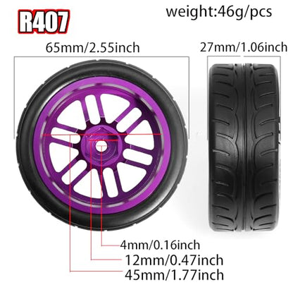 1/10 On Road Tires and Aluminum Wheels 12mm Hex RC Rally Racing Tyres OD 2.56" for Tamiya TT01 TT02 XV01 TA06 A959 PTG2 HPI KYOSHO PTG2 Traxxas 1:10 Street Touring Drift Car (Purple) - color: Purple