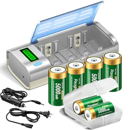 Rechargeable C Batteries with Charger, 6-Pack C Cell Batteries 1.2V NiMH 5000mAh, Universal Battery Charger for C, D, 9V, AA, AAA | Discharge Function | 3 Storage Boxes & Car Charging Cable