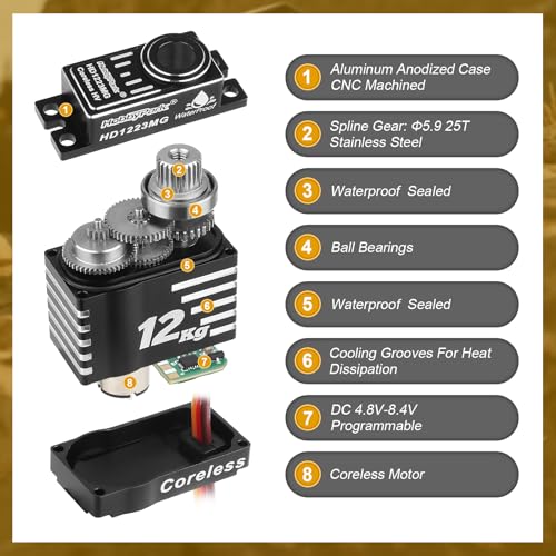 HobbyPark Waterproof for TRX4M Servo 12kg High Torque Servo Aluminum Shell Coreless Motor with Servo Mount Bracket and Arm Set Metal Gear Digital Servo Steering Servo 1/18 Crawler Car Upgrades Parts
